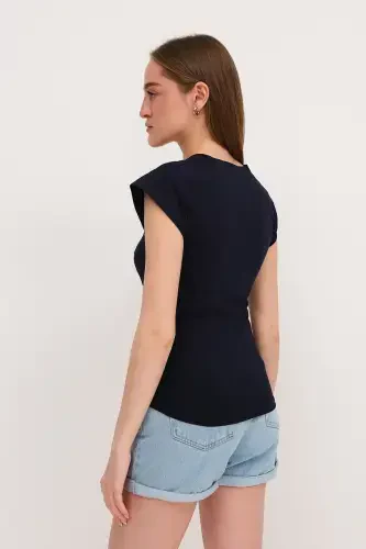 Yanları Büzgülü V Yaka T-Shirt P1566-S1-Laci - 5