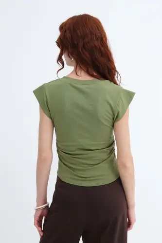 Yanları Büzgülü V Yaka T-Shirt P1566-S1 - Matcha - 5