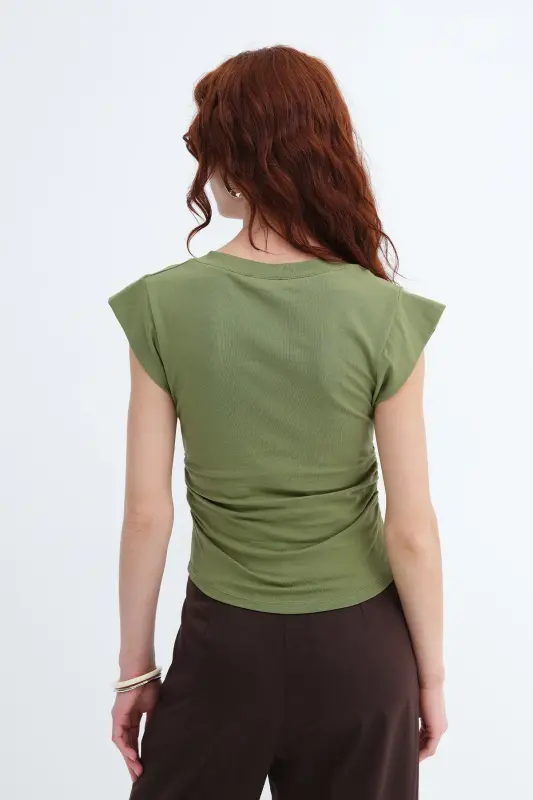 Yanları Büzgülü V Yaka T-Shirt P1566-S1 - Matcha - 5