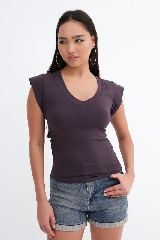 Yanları Büzgülü V Yaka T-Shirt P1566-S1 - Z.Kahve - 2