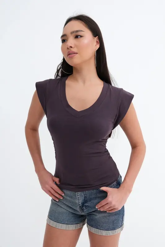 Yanları Büzgülü V Yaka T-Shirt P1566-S1 - Z.Kahve - 5
