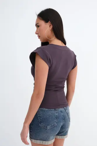 Yanları Büzgülü V Yaka T-Shirt P1566-S1 - Z.Kahve - 6