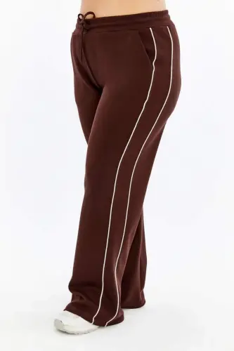 Yanları Çift Şeritli Beli Lastikli Büyük Beden Eşofman Altı Kahve - 5