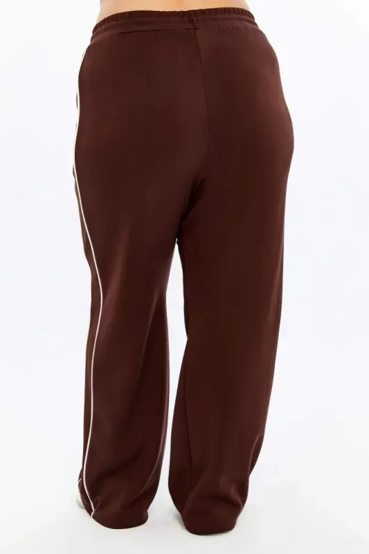 Yanları Çift Şeritli Beli Lastikli Büyük Beden Eşofman Altı Kahve - 6