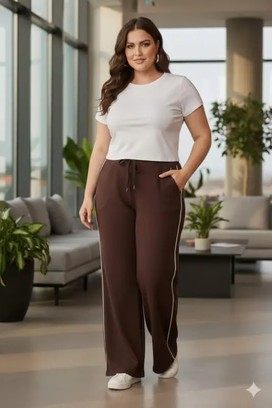 Yanları Çift Şeritli Beli Lastikli Büyük Beden Eşofman Altı Kahve - 4