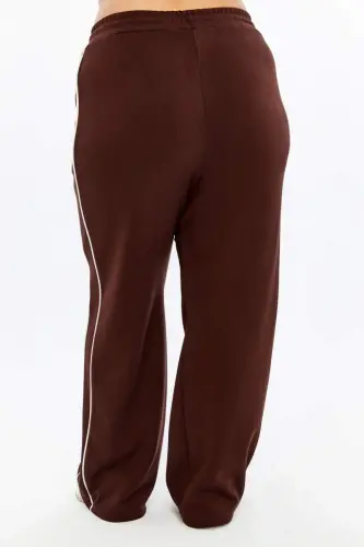 Yanları Çift Şeritli Beli Lastikli Büyük Beden Eşofman Altı Kahve - 6