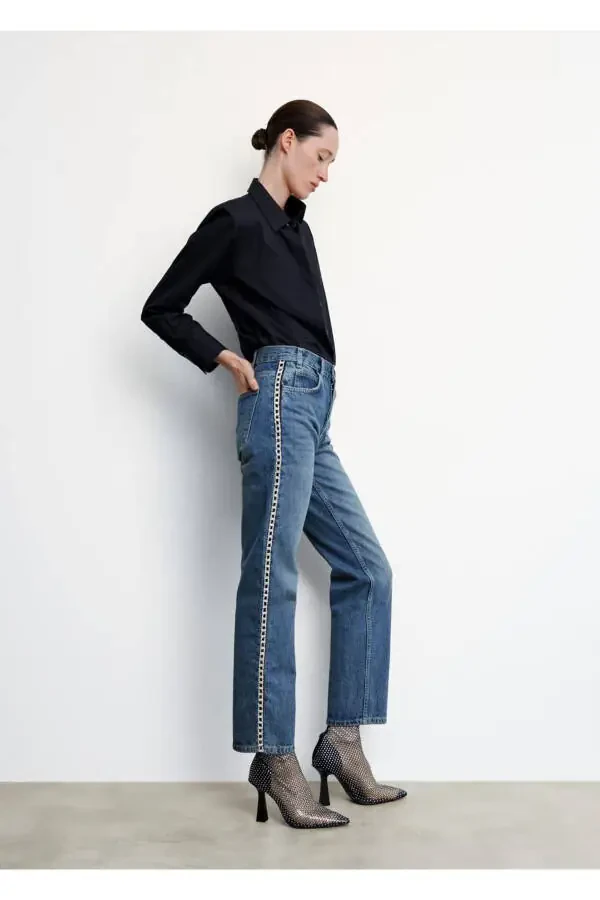 Yanları Kristal Detaylı Düz Kesim Jean - 5