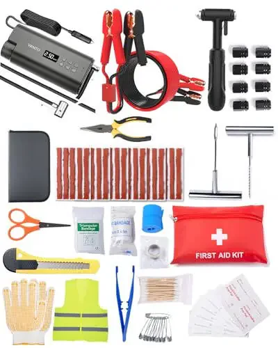 YANTU 111-Piece Car Emergency Kit - Tire Inflator Portable Air Compressor & Jumper Cables for Car - Winter Auto Assistance Kit with Tow Straps, Car Safety Hammer, Tire Repair Kit, & First Aid Kit - 5