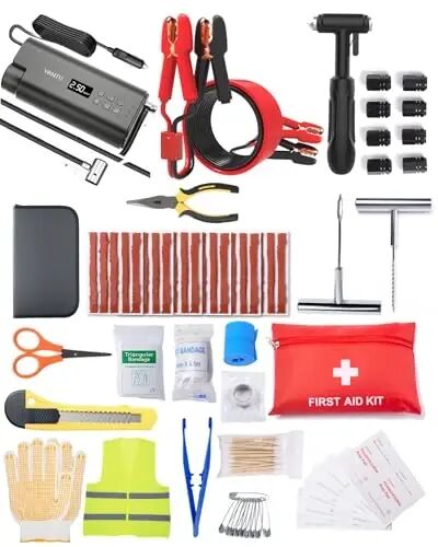 YANTU 111-Piece Car Emergency Kit - Tire Inflator Portable Air Compressor & Jumper Cables for Car - Winter Auto Assistance Kit with Tow Straps, Car Safety Hammer, Tire Repair Kit, & First Aid Kit - YANTU