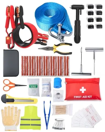 YANTU Jumper Cables for Car,110-Piece Ultimate Auto Emergency Kit,Includes Roadside Assistance,Car Safety Hammer, Tow Straps,Tire Repair,First Aid | Perfect Winter & Cold Weather Gear for Men/Women - 1