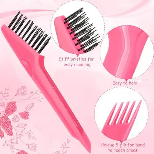 Yaomiao 2 Pcs Hair Brush Cleaner Tool 2-in-1, Pink Hairbrush Cleaner for Removing Hair Dust, Mini Comb for Removing Dirt, Home Salon Use - 4