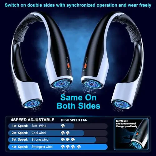 AI Neck Fan, 4 Speeds Adjustable Portable Personal Fan Rechargeable, 4000 mAh Battery Faster Cooling Wearable Fan, Ultra Quiet for Home, Office, Travel, Outdoor - Black - 3