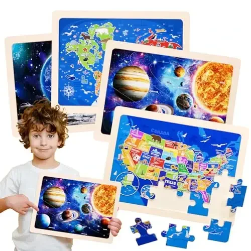 Jigsaw Puzzles Wooden Puzzles for Kids Ages 3-5 Preschool Educational Toddlers Toys United States Puzzle Space Universe World USA Map Earth Exploration Gifts for 3 4 5 6 Year Old Boys Girls 4 Packs - 1