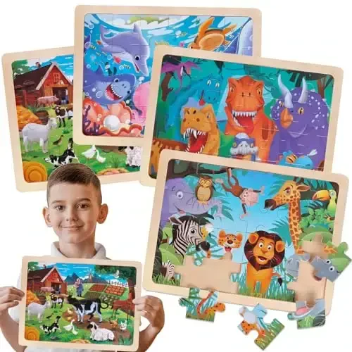 Jigsaw Puzzles Wooden Puzzles for Kids Ages 3-5 Preschool Educational Brain Teaser Boards Toddlers Toys Dinosaur Farm Zoo Sea World Gifts for 3 4 5 6 Year Old Boys Girls 4 Packs 24 Pcs - JIGSAW