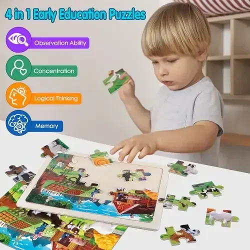Jigsaw Puzzles Wooden Puzzles for Kids Ages 3-5 Preschool Educational Brain Teaser Boards Toddlers Toys Dinosaur Farm Zoo Sea World Gifts for 3 4 5 6 Year Old Boys Girls 4 Packs 24 Pcs - 2