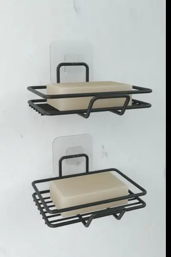 Yapışkanlı 2 li Set Sabunluk Banyo Mutfak Lavabo Metal Katı Sabunluk Siyah - siyah - 1