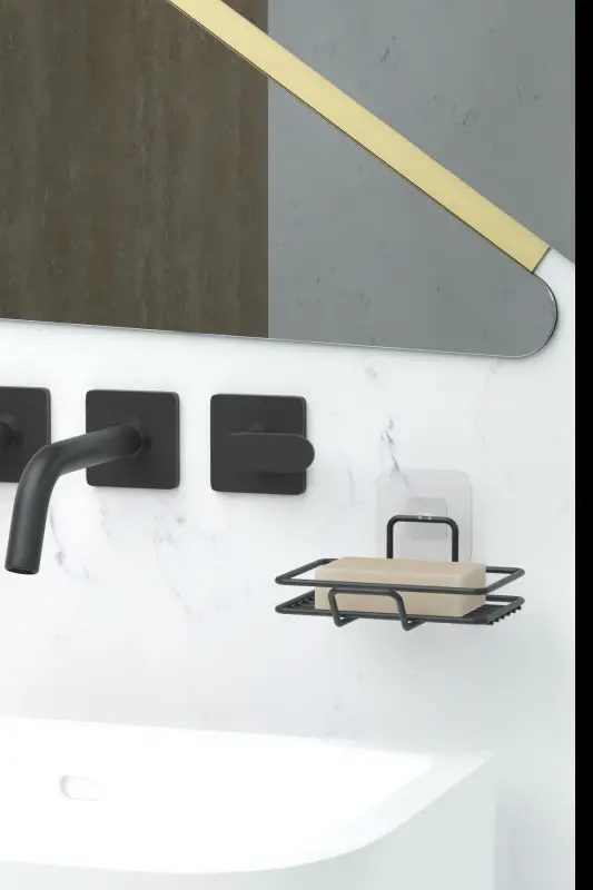 Yapışkanlı 2 li Set Sabunluk Banyo Mutfak Lavabo Metal Katı Sabunluk Siyah - siyah - 3