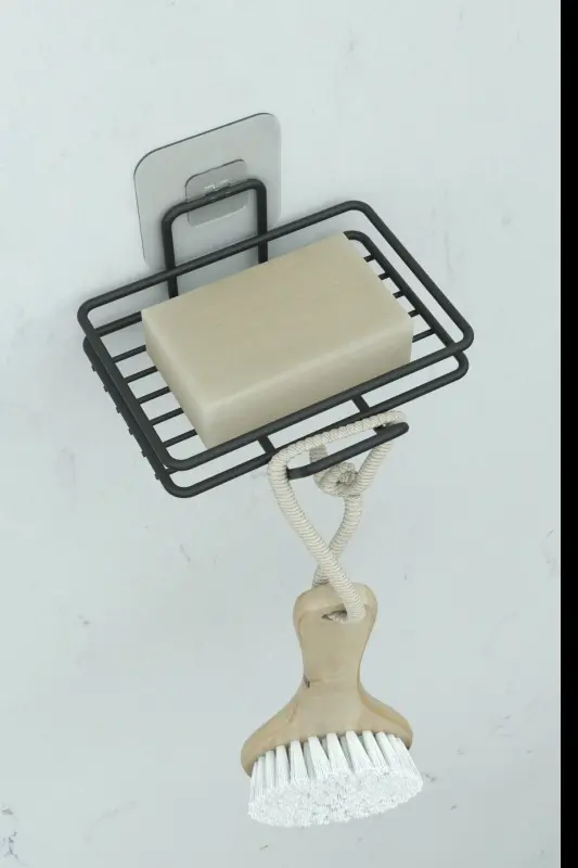 Yapışkanlı 2 li Set Sabunluk Banyo Mutfak Lavabo Metal Katı Sabunluk Siyah - siyah - 4