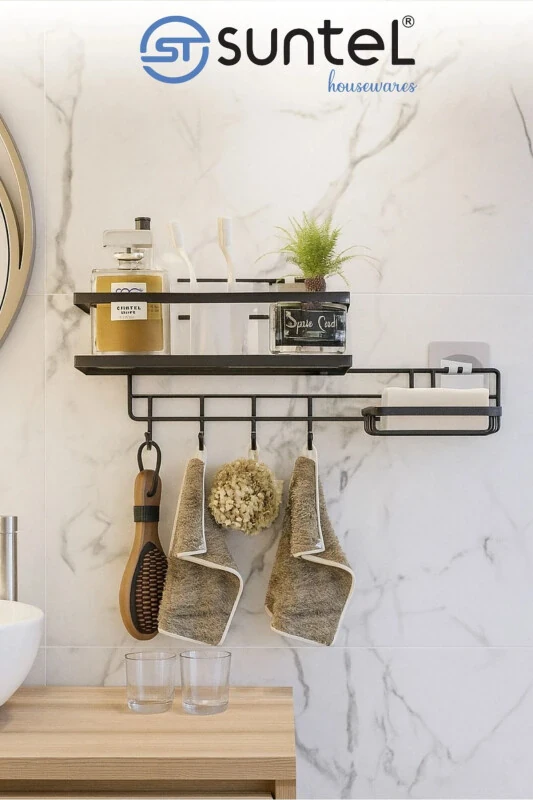 Kancalı Yapışkanlı Banyo Rafı ve Sabunluk Seti - Askılı Banyo Organizer - MODAZONE