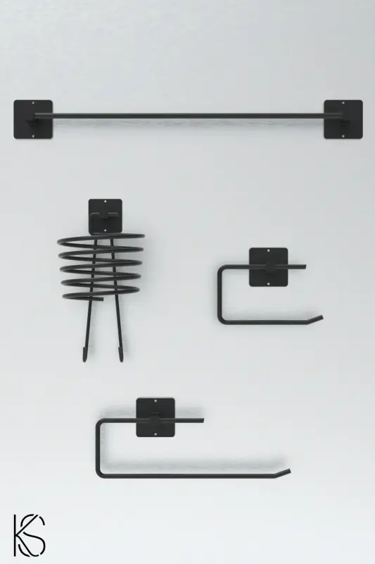 Yapışkanlı 4 lü Siyah Fön Makinesi Askısı Havlu Askısı Wc Tuvalet Kağıtlık Rulo Havluluk Banyo Set - KILINÇ STORE