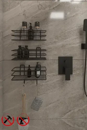 Yapışkanlı Kancalı 3 Adet 3 Katlı Banyo Mutfak Düzenleyici Rafı Mat Siyah - 1