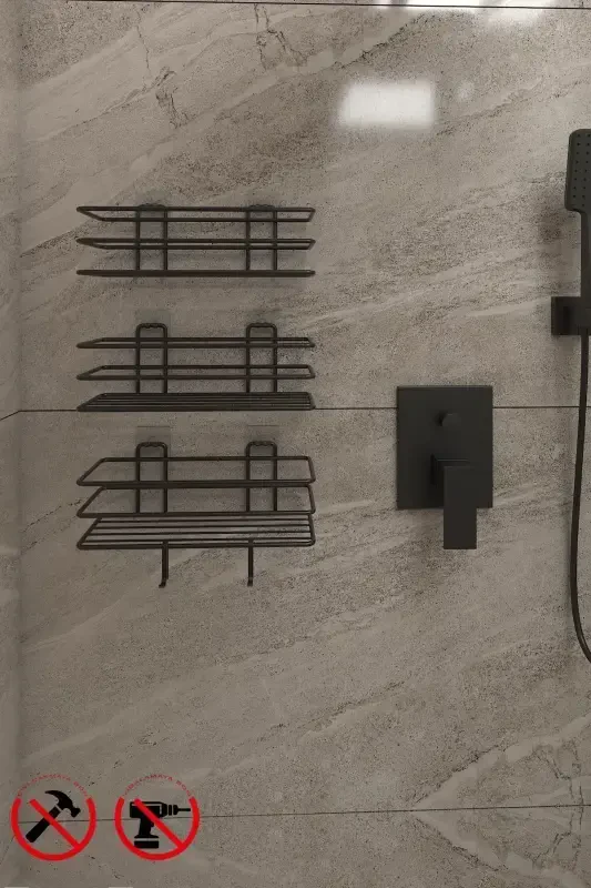 Yapışkanlı Kancalı 3 Adet 3 Katlı Banyo Mutfak Düzenleyici Rafı Mat Siyah - 3