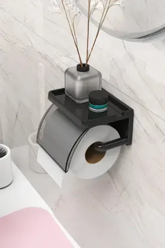 Yapışkanlı Kapaklı Tuvalet Kağıdı Askısı Banyo Tuvalet Kağıtlığı Aparatı Peçetelik Organizer Plastik-siyah - 1