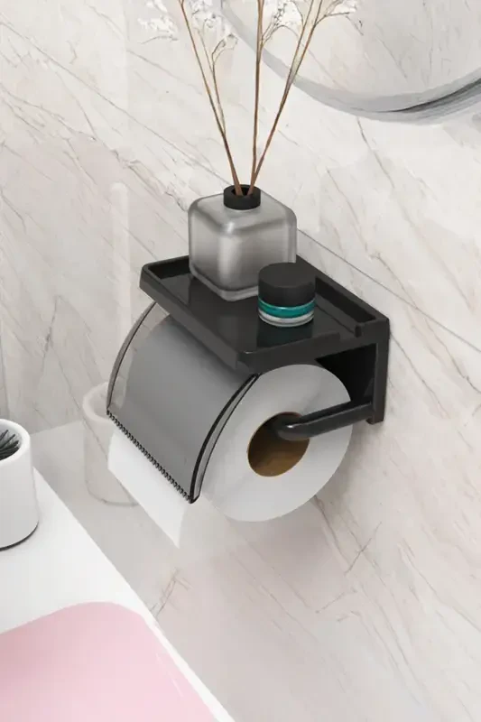Yapışkanlı Kapaklı Tuvalet Kağıdı Askısı Banyo Tuvalet Kağıtlığı Aparatı Peçetelik Organizer Plastik-siyah - 1