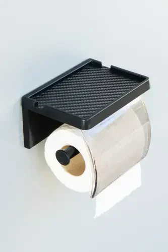 Yapışkanlı Kapaklı Tuvalet Kağıdı Askısı Banyo Tuvalet Kağıtlığı Aparatı Peçetelik Organizer Plastik-siyah - 3