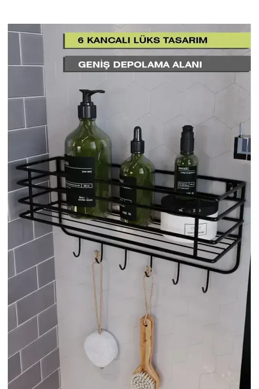 Paslanmaz Yapışkanlı 6 Kancalı Süper Lüks Banyo Düzenleyici,banyo Aksesuar Şampuanlık Banyo Rafı - 1