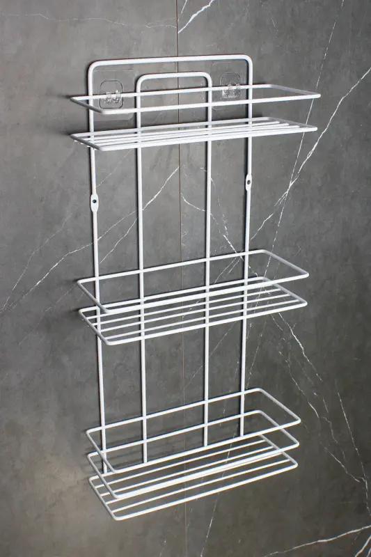 Yapışkanlı Paslanmaz Metal Termoplastik Kaplamalı Banyo Köşeliği Duş Rafı Şampuanlık-BEYAZ - 2