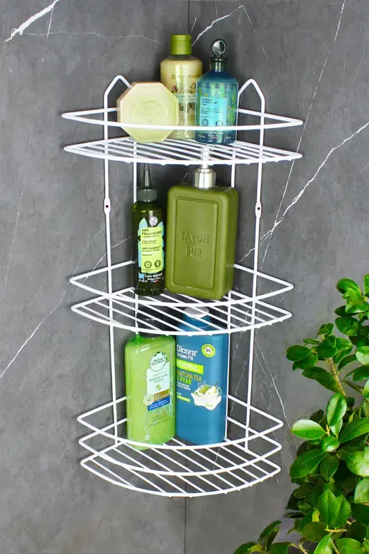 Yapışkanlı Paslanmaz Metal Termoplastik Kaplamalı Banyo Köşeliği Duş Rafı Şampuanlık-BEYAZ - HIMY SHOP
