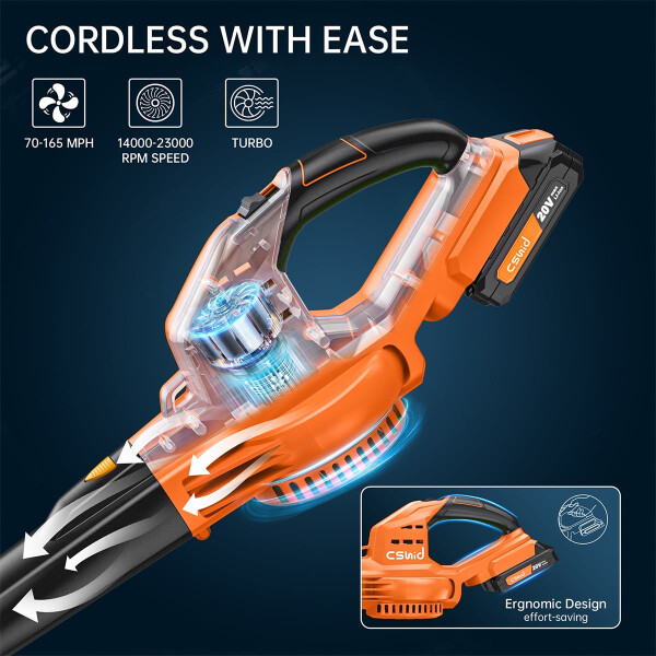 Leaf Blower, 20V Cordless Leaf Blower with 2 x 2.0 Ah Battery & Charger, Electric Leaf Blower for Lawn Care, 2 Speed Mode, 320CFM 165MPH Battery Powered Leaf Blower for Patio, Garden Cleaning-ORANGE - 3