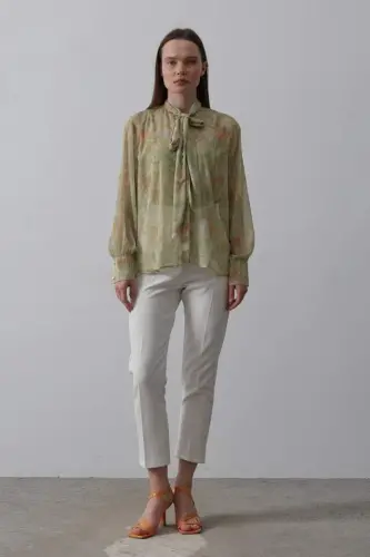 Yaqasi Fularli Shifon Ko'ylak - Fıstık Yashili - BÜYÜKBEDENIZ (1)