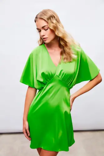 Yarasa Kol Mini Elbise - Açık Yeşil-AÇIK YEŞİL - 4