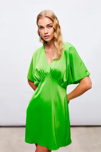 Yarasa Kol Mini Elbise - Açık Yeşil-AÇIK YEŞİL - 5