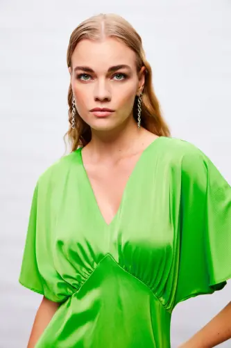 Yarasa Kol Mini Elbise - Açık Yeşil-AÇIK YEŞİL - 8