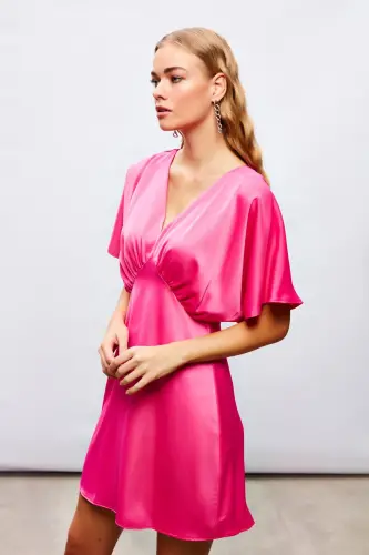 Yarasa Kol Mini Elbise - Fuşya - FUŞYA - 6