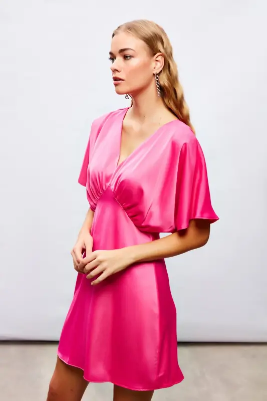 Yarasa Kol Mini Elbise - Fuşya - FUŞYA - 6
