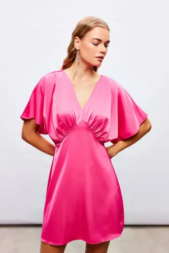 Yarasa Kol Mini Elbise - Fuşya - FUŞYA - SATEEN (1)