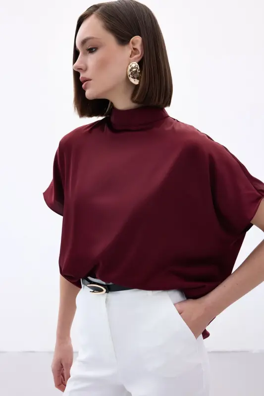 Yarasa Kol Salaş Bluz - Bordo - Bordo - 5