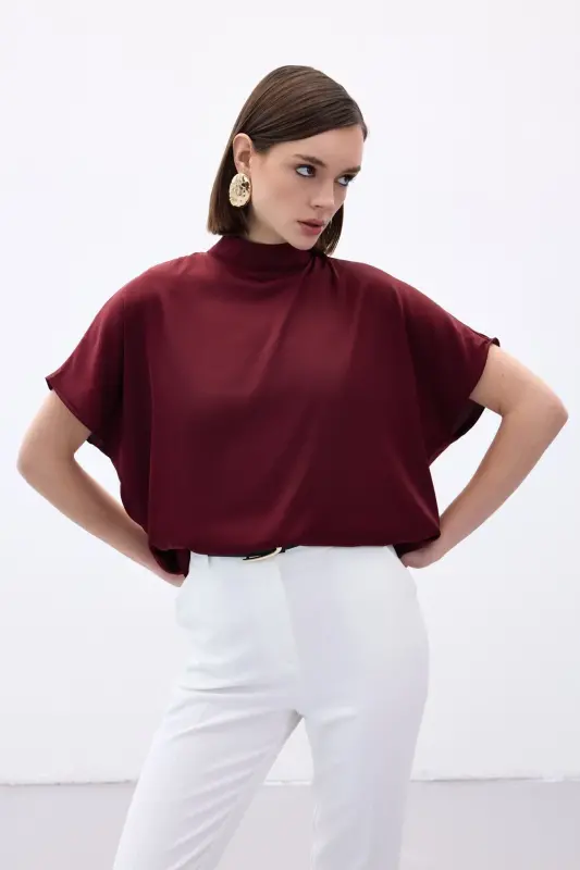 Yarasa Kol Salaş Bluz - Bordo - Bordo - SATEEN