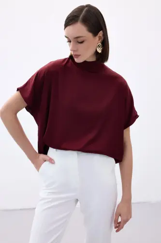 Yarasa Kol Salaş Bluz - Bordo - Bordo - SATEEN (1)
