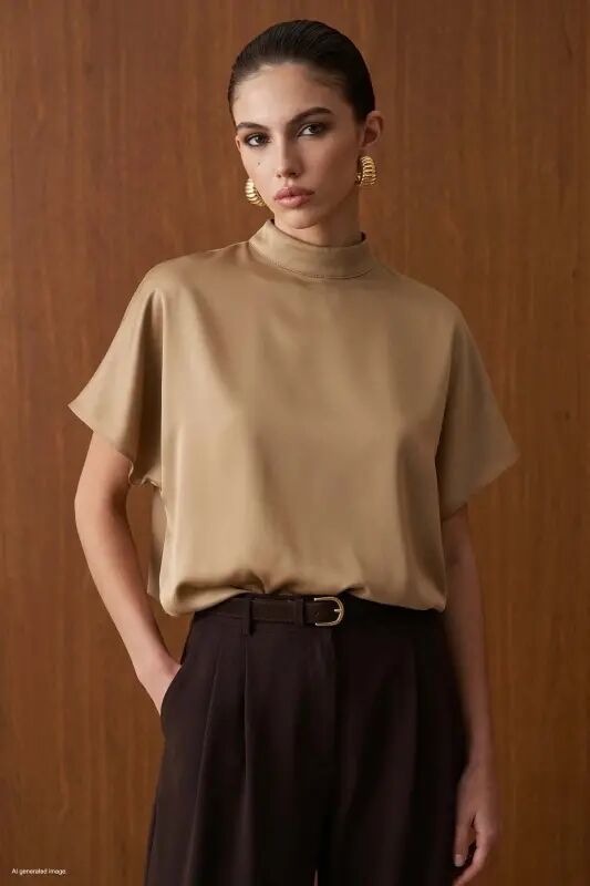 Yarasa Kol Salaş Bluz - Camel - Camel - Sateen
