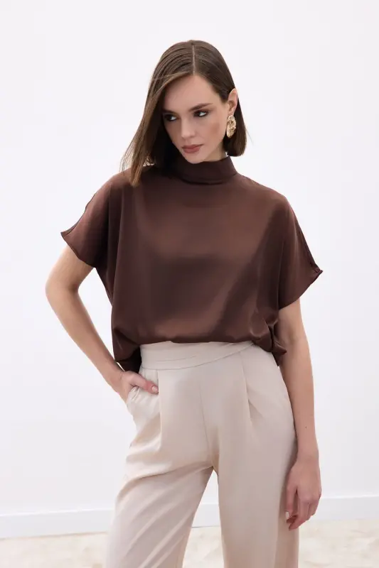 Yarasa Kol Salaş Bluz - Kahve-Kahve - 7