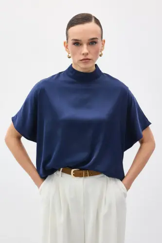 Yarasa Kol Salaş Bluz - Lacivert-Lacivert - SATEEN (1)