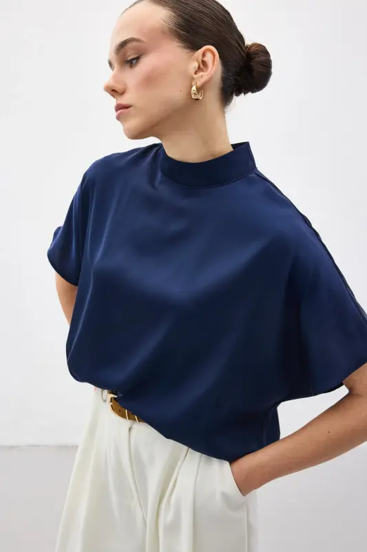 Yarasa Kol Salaş Bluz - Lacivert-Lacivert - 5