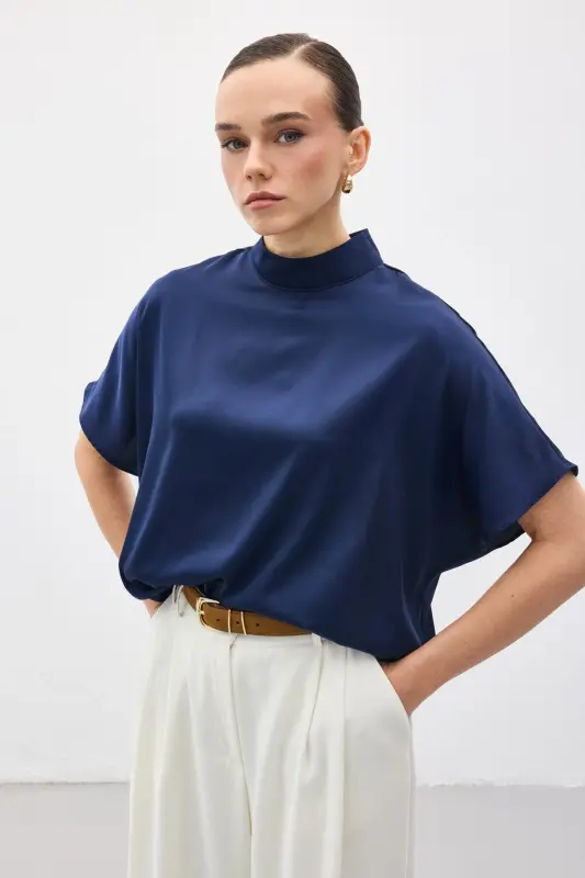 Yarasa Kol Salaş Bluz - Lacivert-Lacivert - SATEEN