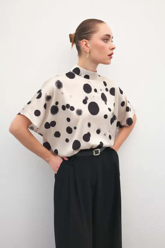 Yarasa Kol Salaş Bluz - Puanlı Bej-Puanlı Bej - 2
