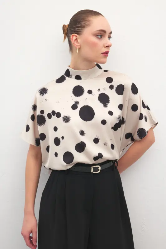 Yarasa Kol Salaş Bluz - Puanlı Bej-Puanlı Bej - 3